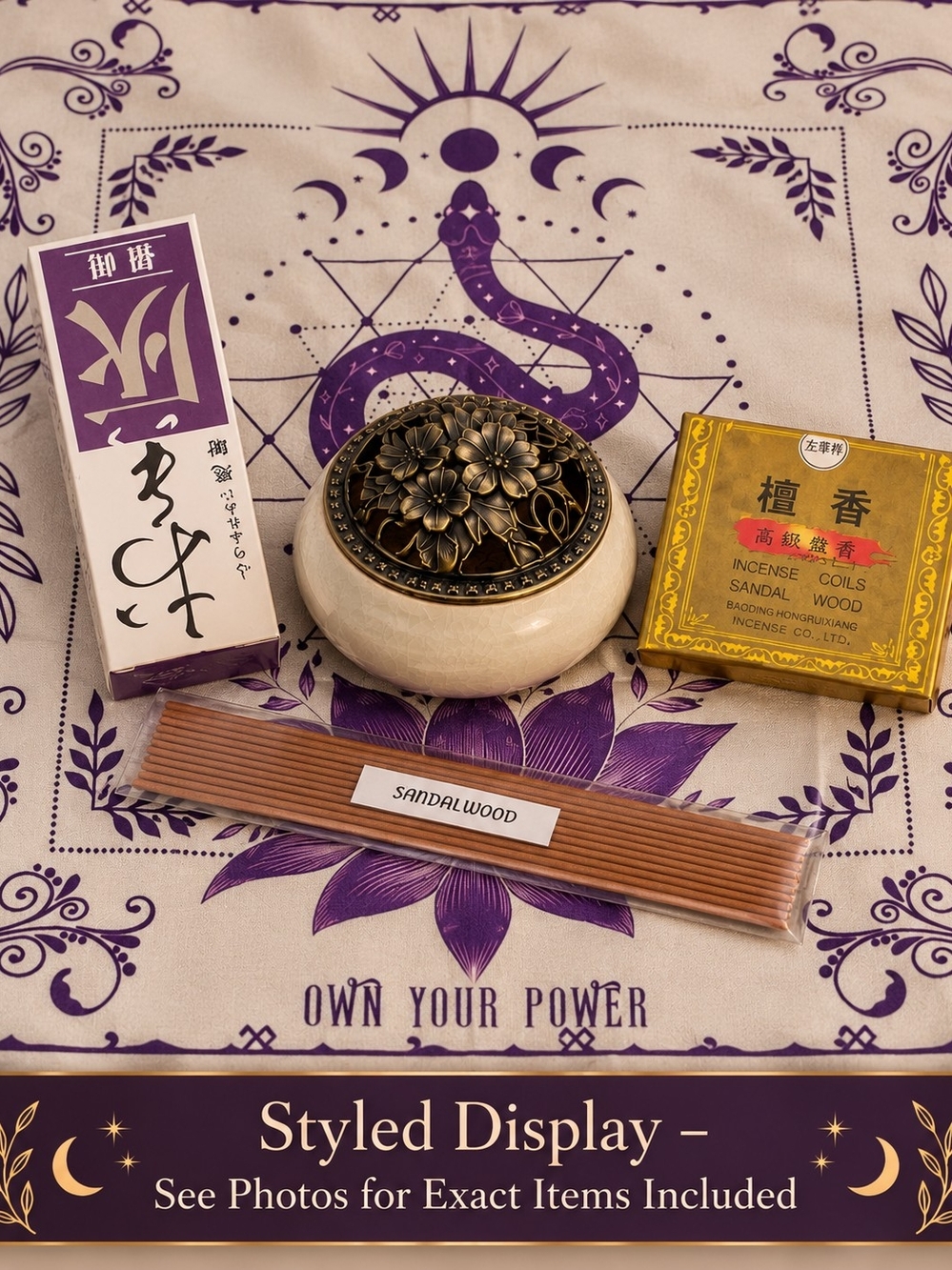 NEW Celestial Altar Incense Set White Ceramic Burner Snake Lotus Moon Cloth